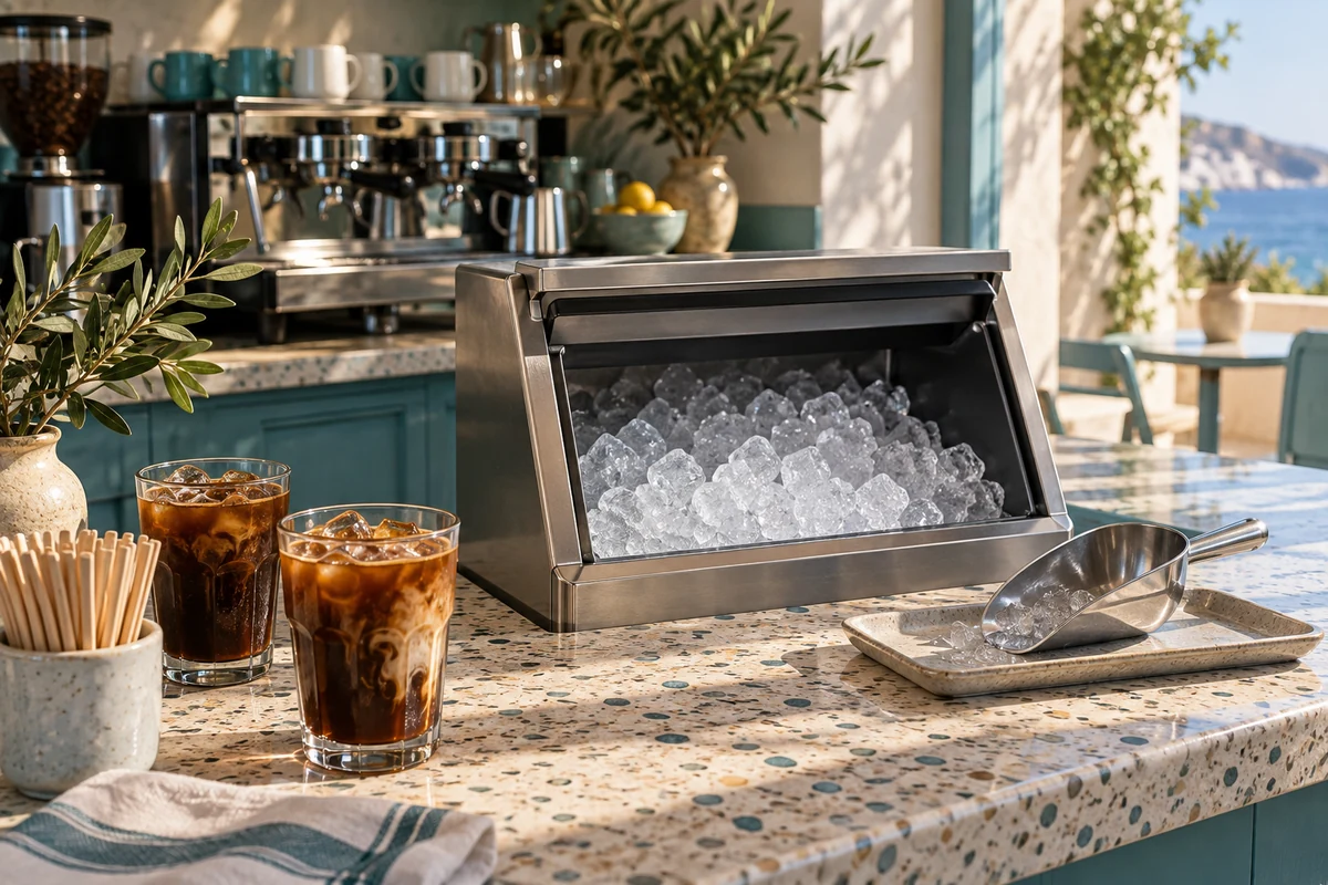 カフェの氷ストッカーとアイスドリンク。