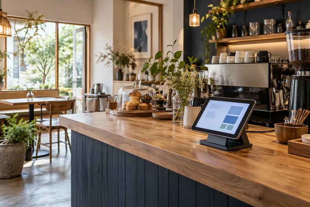 カフェのカウンターとタブレットPOSのイメージ。