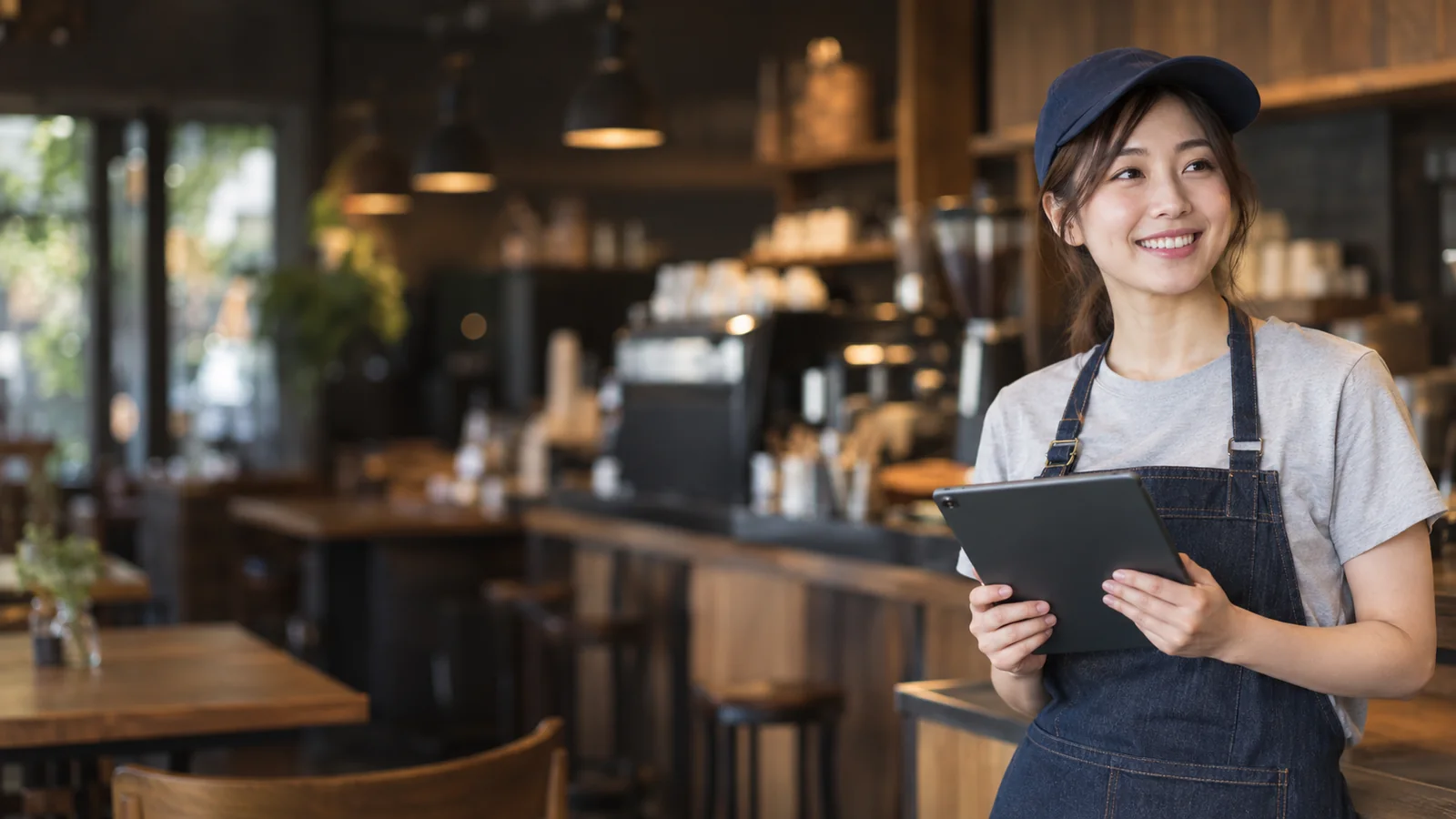 タブレットを持つカフェスタッフのイメージ。